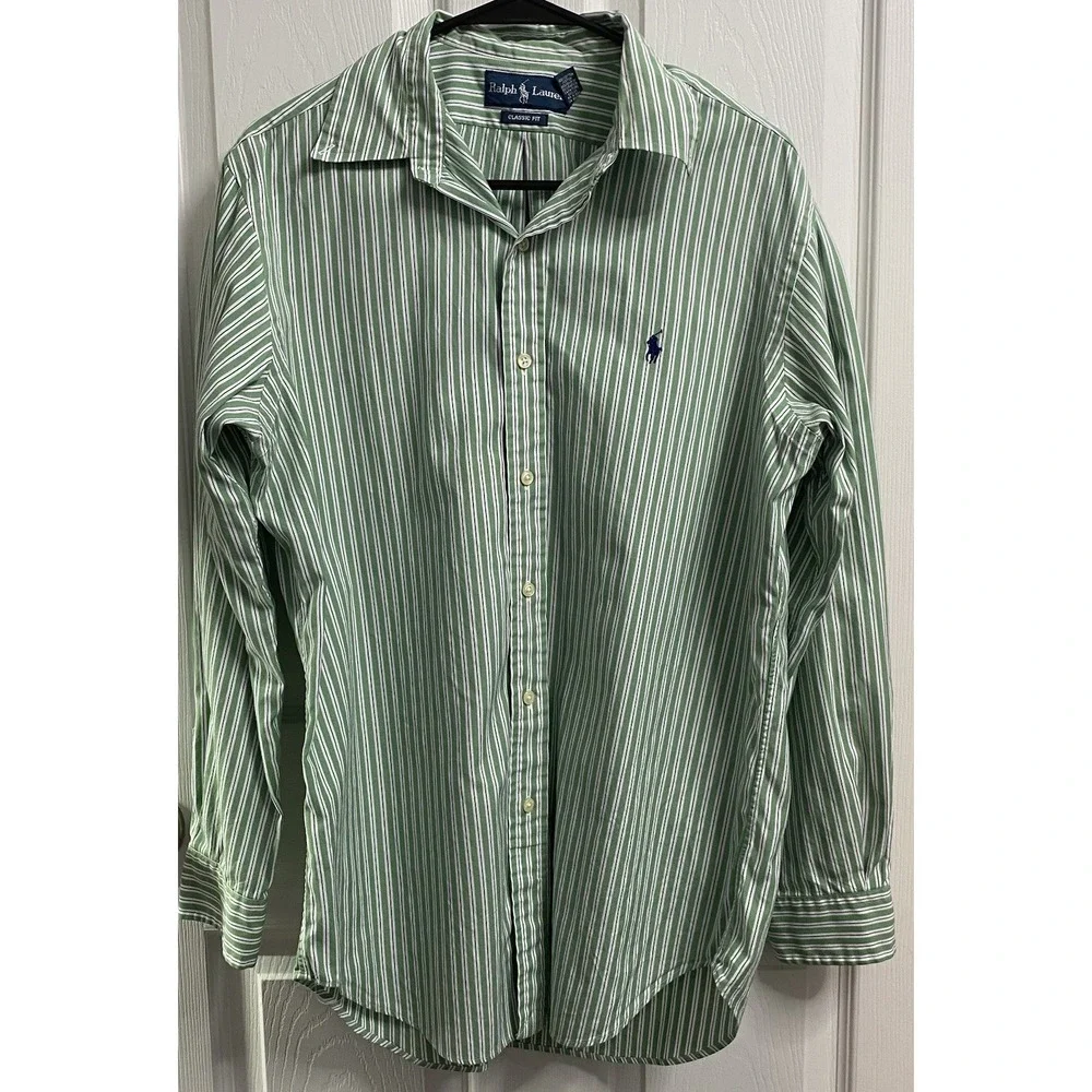Ralph Lauren Men Green White Stripe Button Down Pony Logo Long Sleeve Shirt 15.5